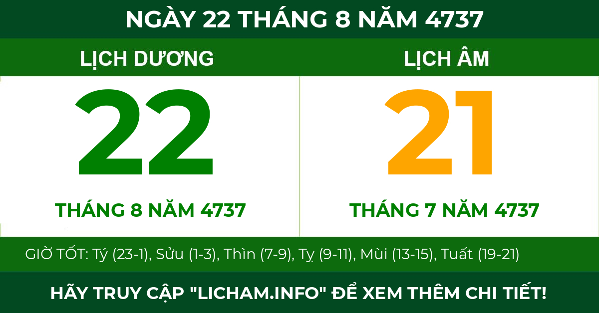 lịch âm ngày 22 tháng 8 năm 4737