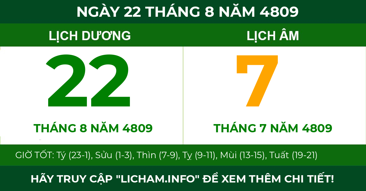 lịch âm ngày 22 tháng 8 năm 4809