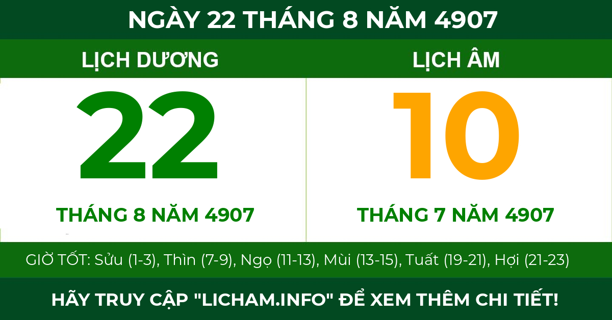 lịch âm ngày 22 tháng 8 năm 4907