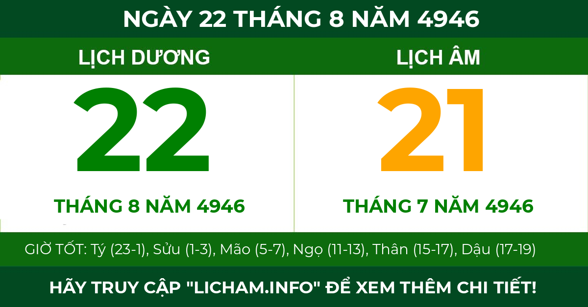 lịch âm ngày 22 tháng 8 năm 4946