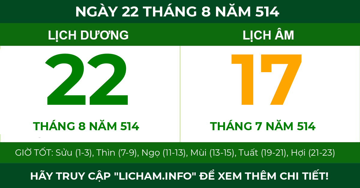lịch âm ngày 22 tháng 8 năm 514