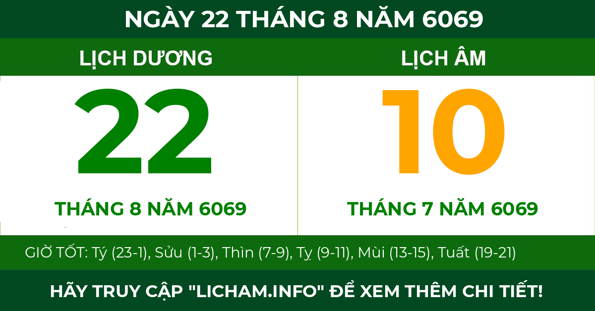 lịch âm ngày 22 tháng 8 năm 6069