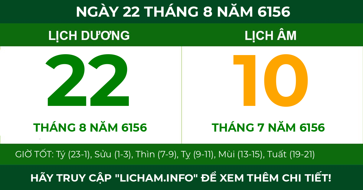 lịch âm ngày 22 tháng 8 năm 6156