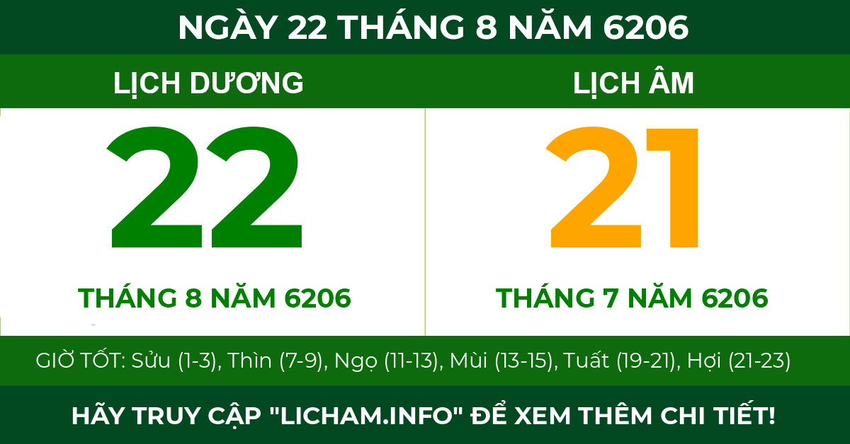 lịch âm ngày 22 tháng 8 năm 6206