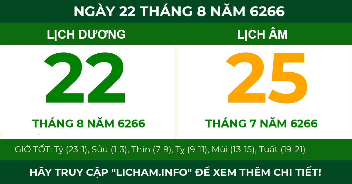 lịch âm ngày 22 tháng 8 năm 6266
