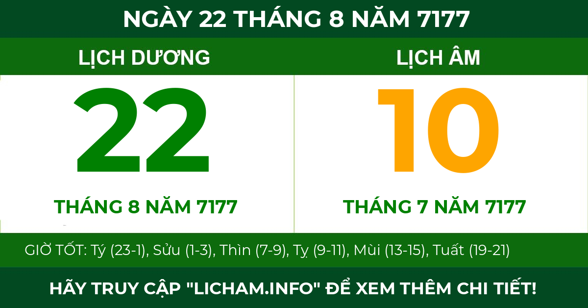 lịch âm ngày 22 tháng 8 năm 7177