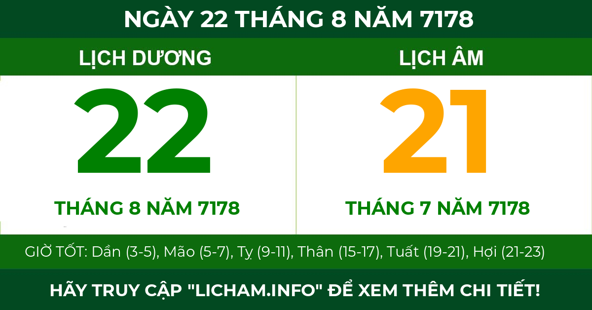 lịch âm ngày 22 tháng 8 năm 7178