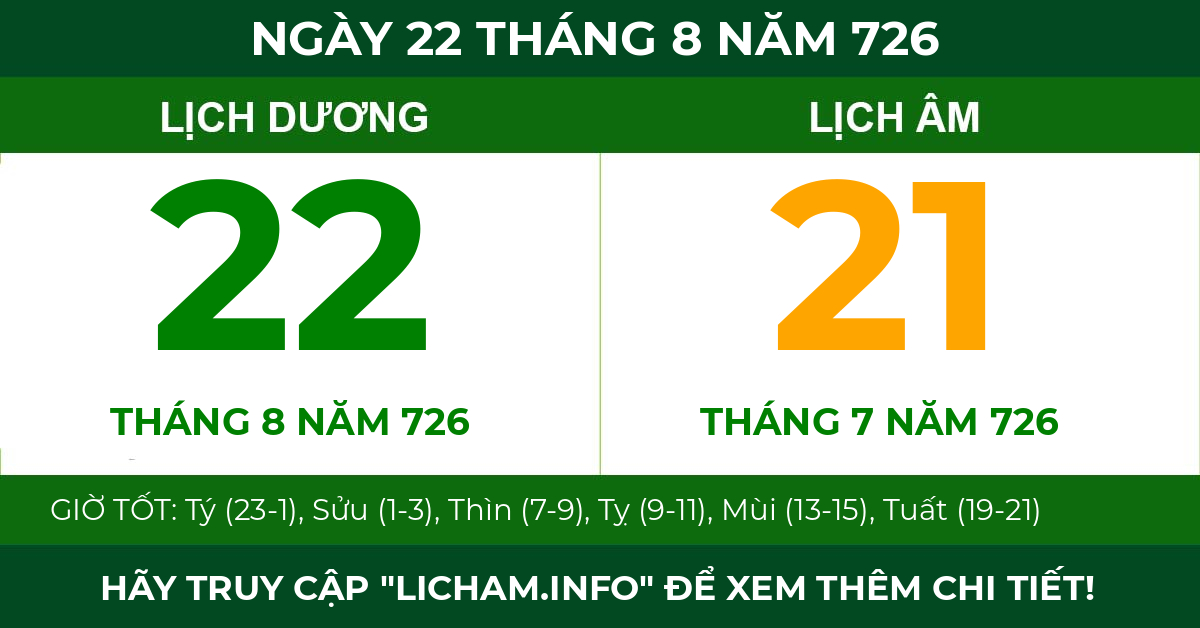 lịch âm ngày 22 tháng 8 năm 726