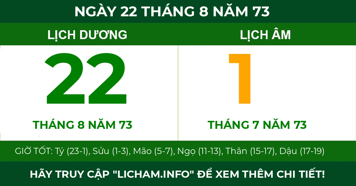 lịch âm ngày 22 tháng 8 năm 73