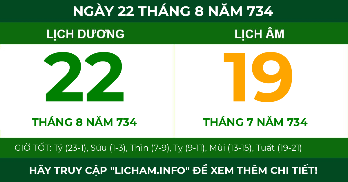 lịch âm ngày 22 tháng 8 năm 734