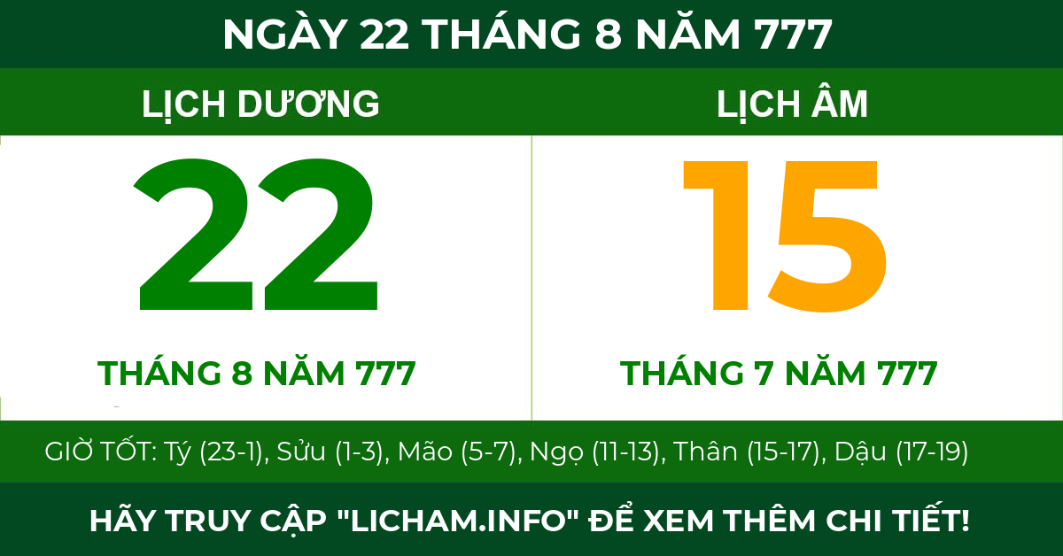 lịch âm ngày 22 tháng 8 năm 777