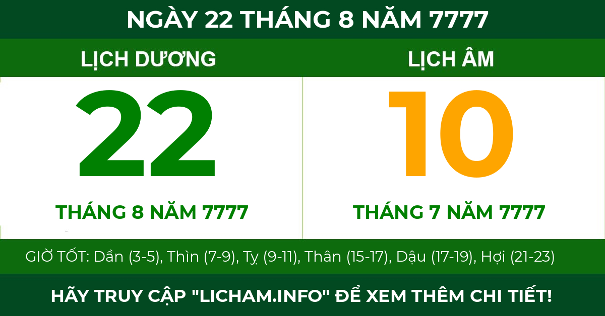 lịch âm ngày 22 tháng 8 năm 7777