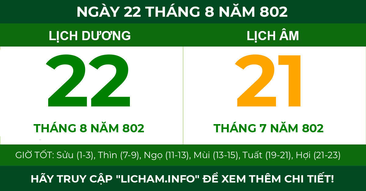 lịch âm ngày 22 tháng 8 năm 802