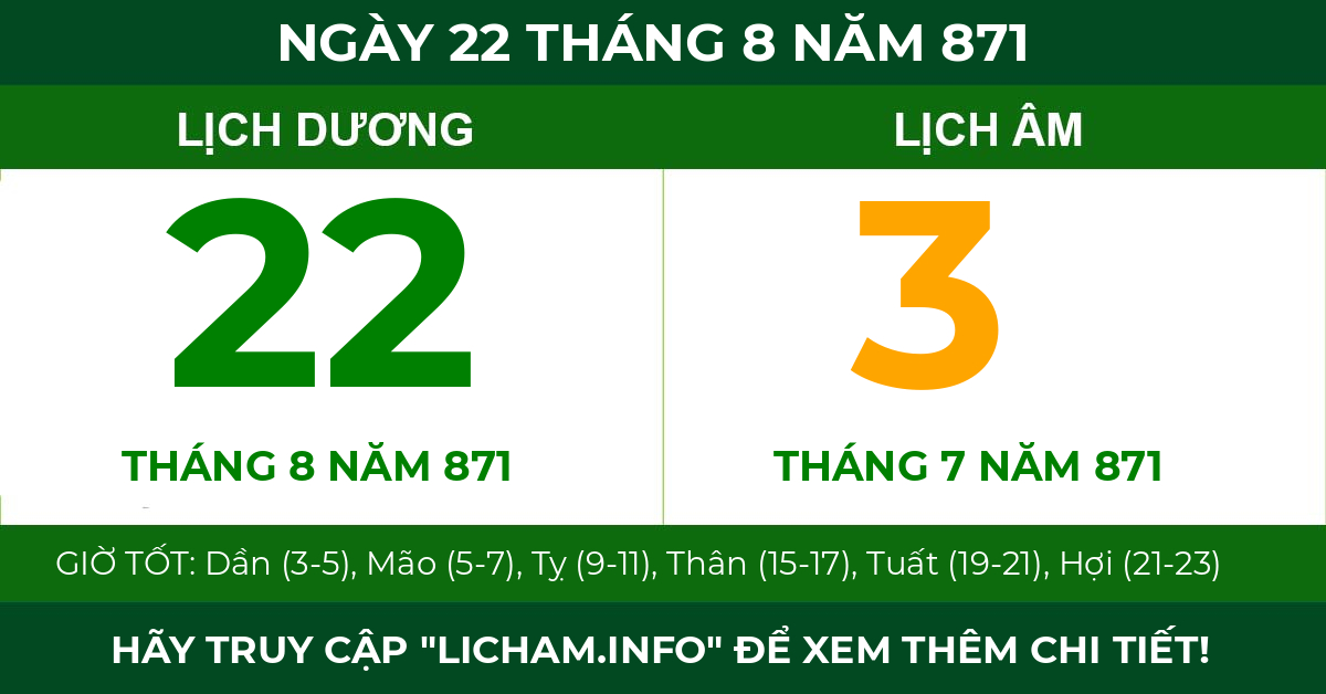 lịch âm ngày 22 tháng 8 năm 871