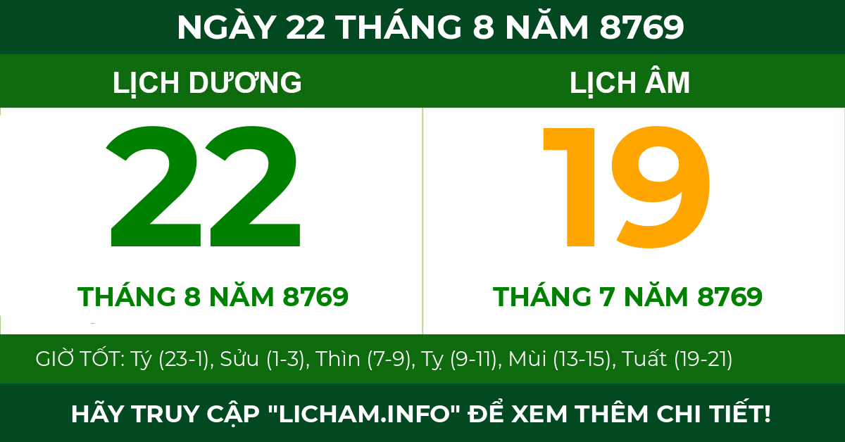 lịch âm ngày 22 tháng 8 năm 8769