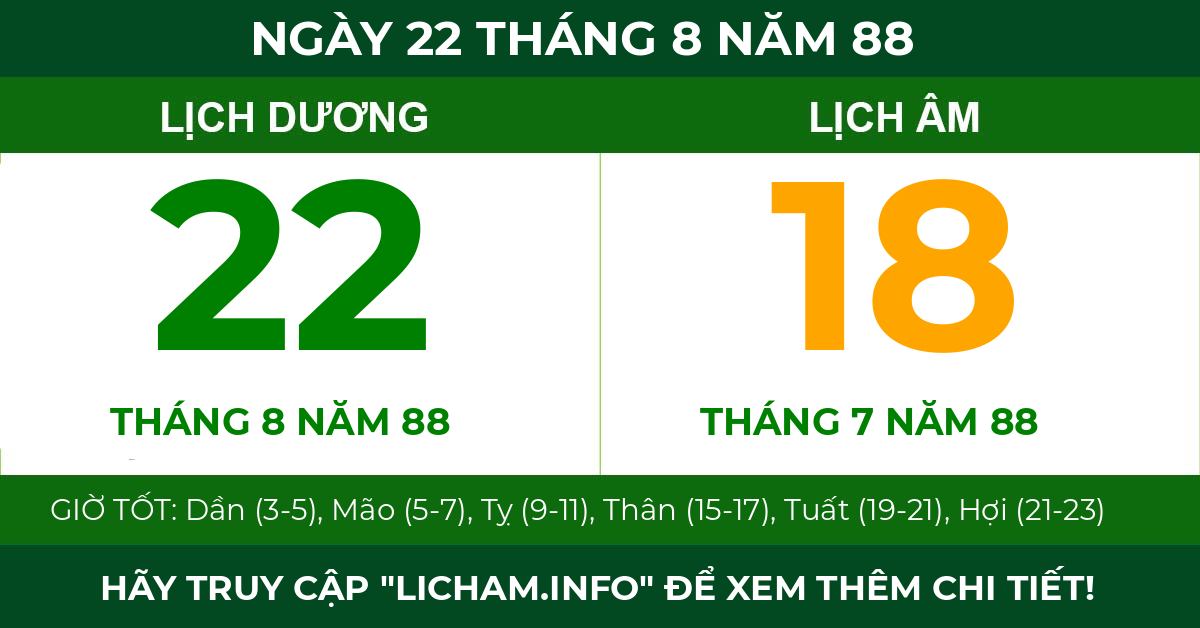 lịch âm ngày 22 tháng 8 năm 88