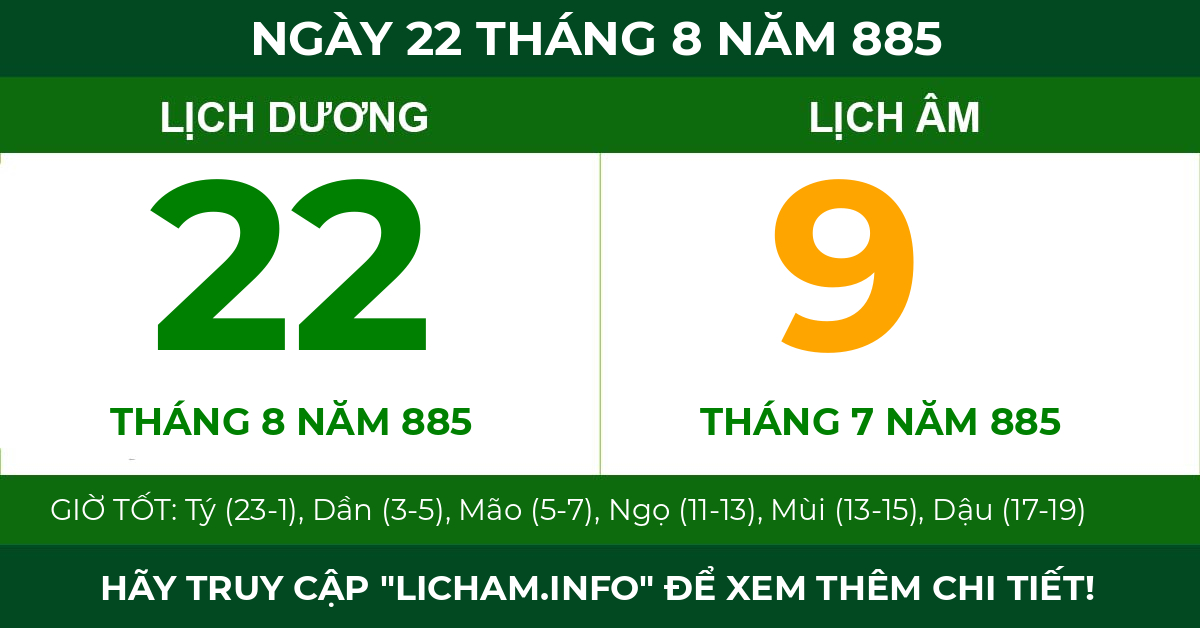 lịch âm ngày 22 tháng 8 năm 885