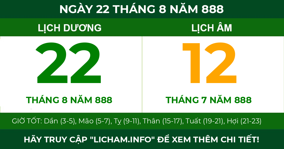 lịch âm ngày 22 tháng 8 năm 888
