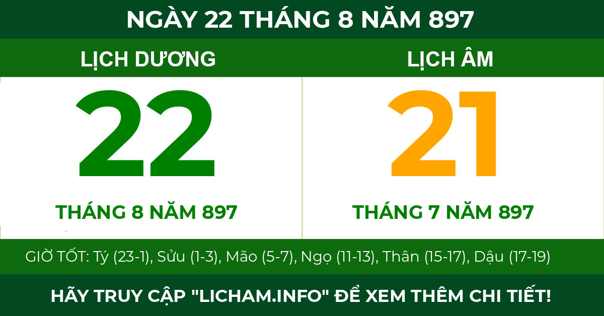 lịch âm ngày 22 tháng 8 năm 897