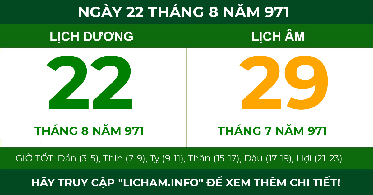 lịch âm ngày 22 tháng 8 năm 971