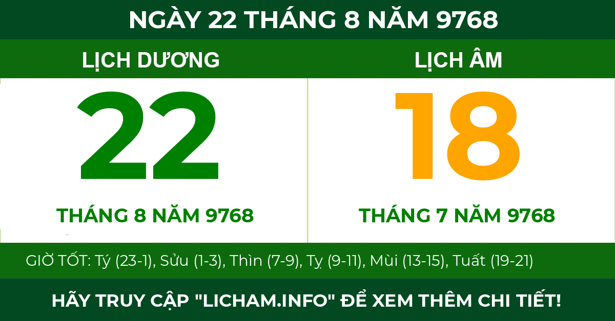 lịch âm ngày 22 tháng 8 năm 9768