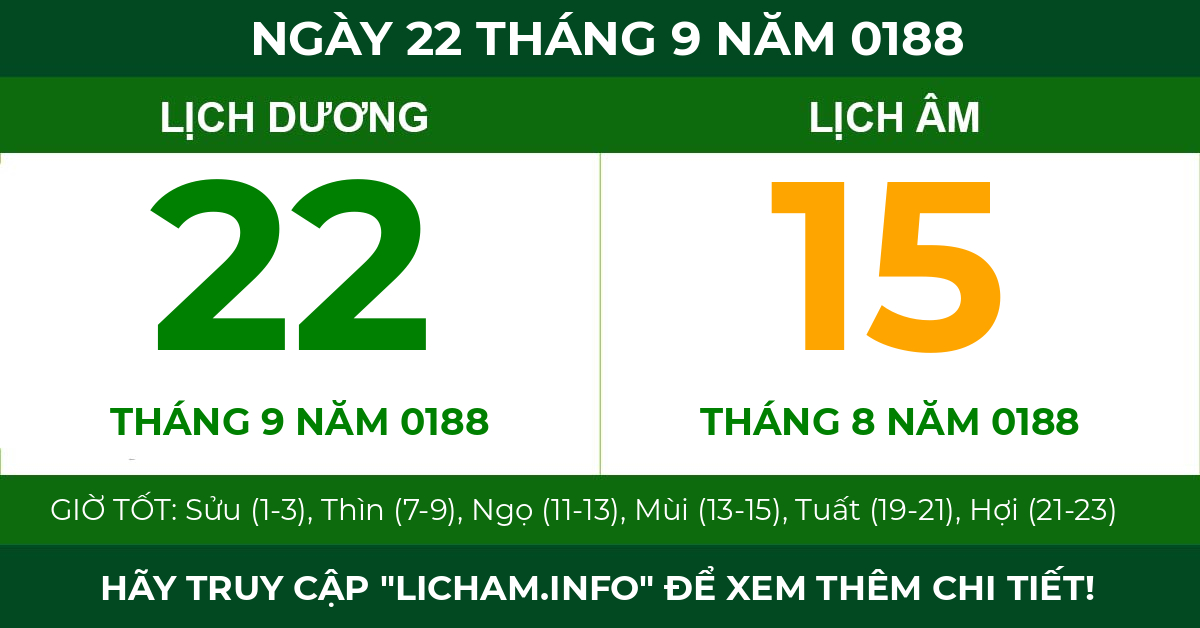 lịch âm ngày 22 tháng 9 năm 0188