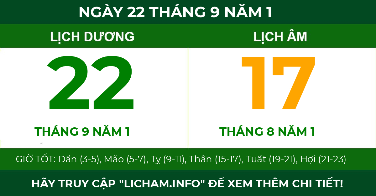 lịch âm ngày 22 tháng 9 năm 1