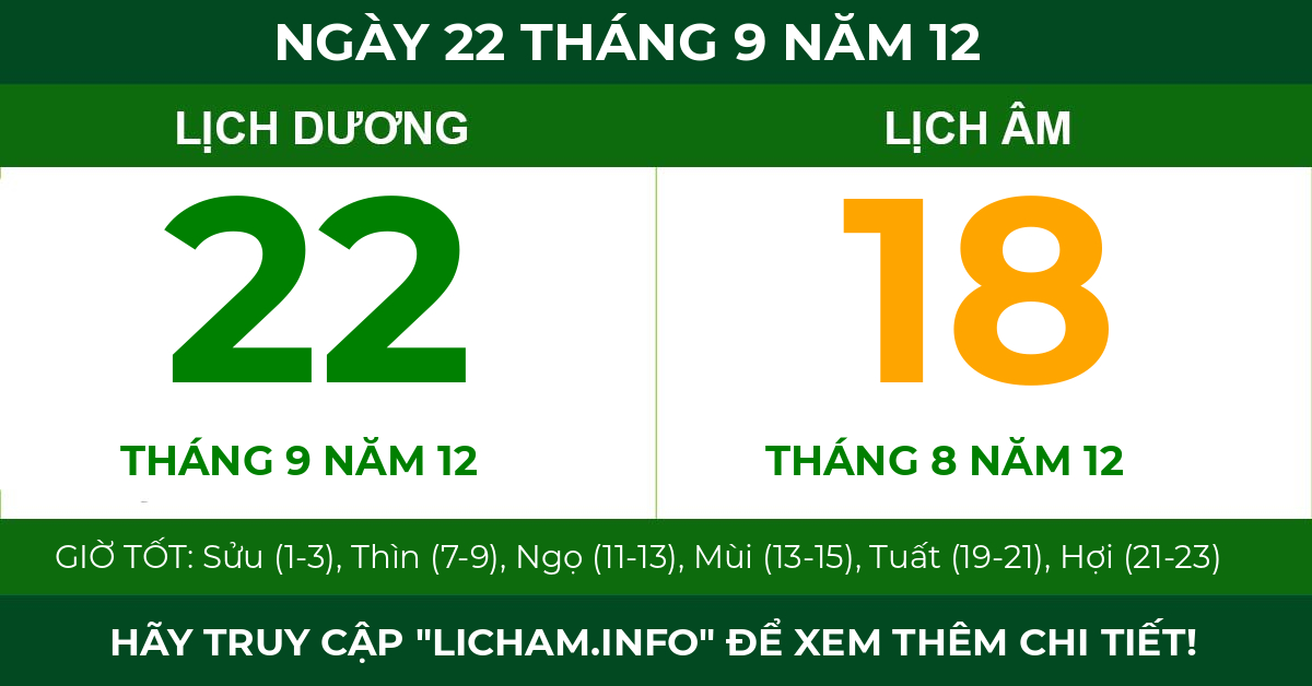 lịch âm ngày 22 tháng 9 năm 12