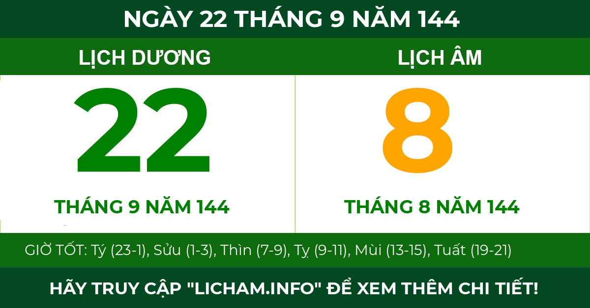 lịch âm ngày 22 tháng 9 năm 144