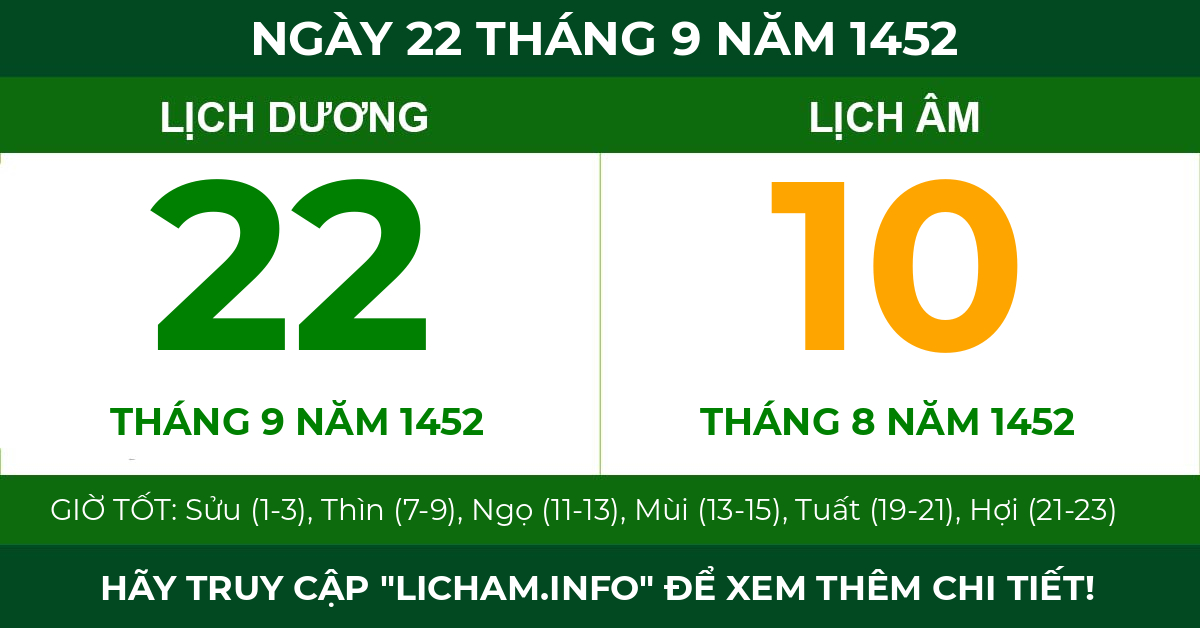 lịch âm ngày 22 tháng 9 năm 1452