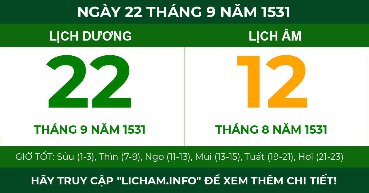 lịch âm ngày 22 tháng 9 năm 1531