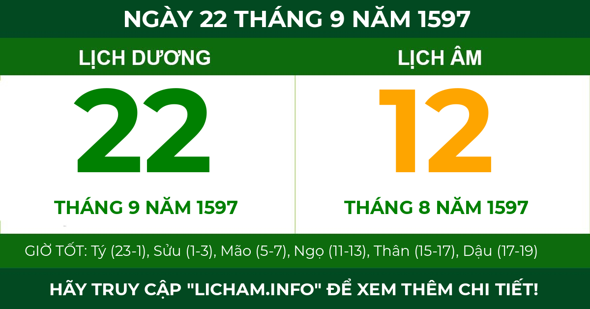 lịch âm ngày 22 tháng 9 năm 1597