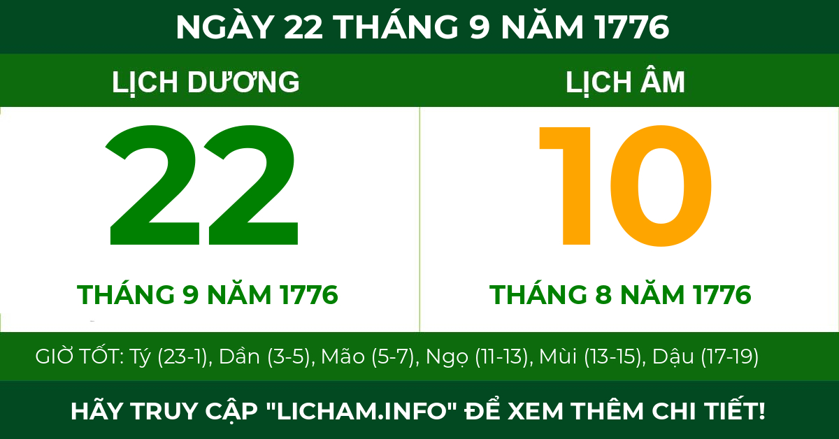 lịch âm ngày 22 tháng 9 năm 1776