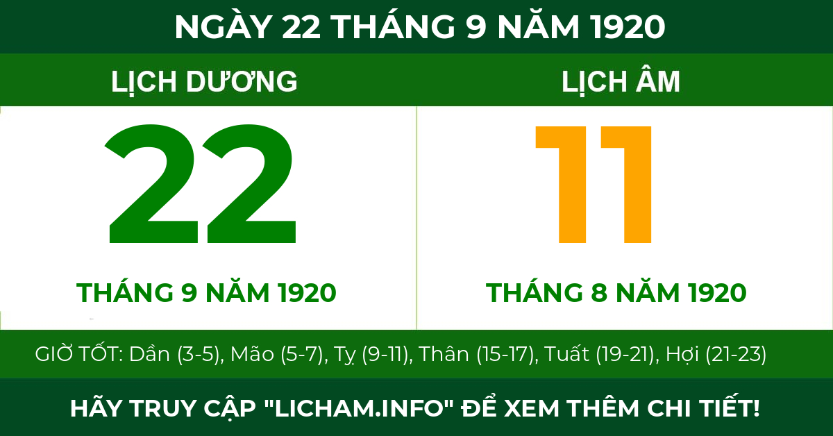 lịch âm ngày 22 tháng 9 năm 1920