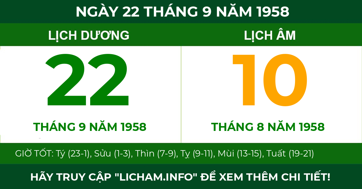 lịch âm ngày 22 tháng 9 năm 1958