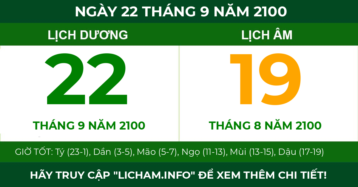 lịch âm ngày 22 tháng 9 năm 2100