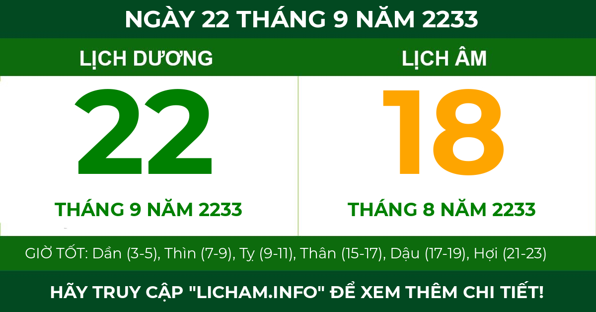lịch âm ngày 22 tháng 9 năm 2233