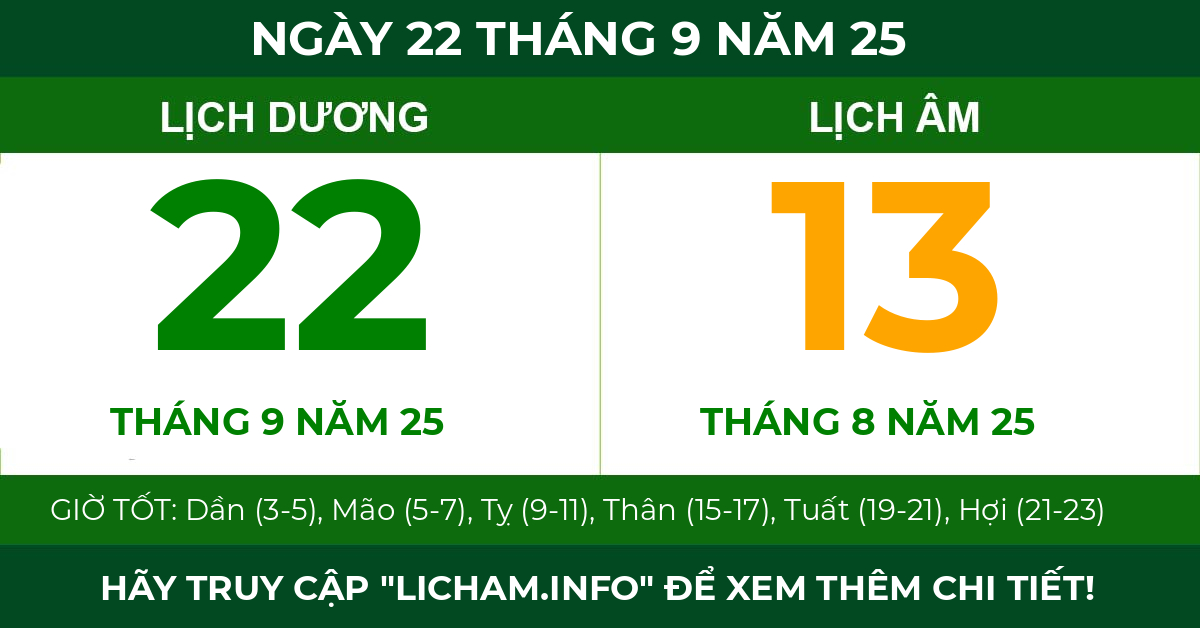 lịch âm ngày 22 tháng 9 năm 25