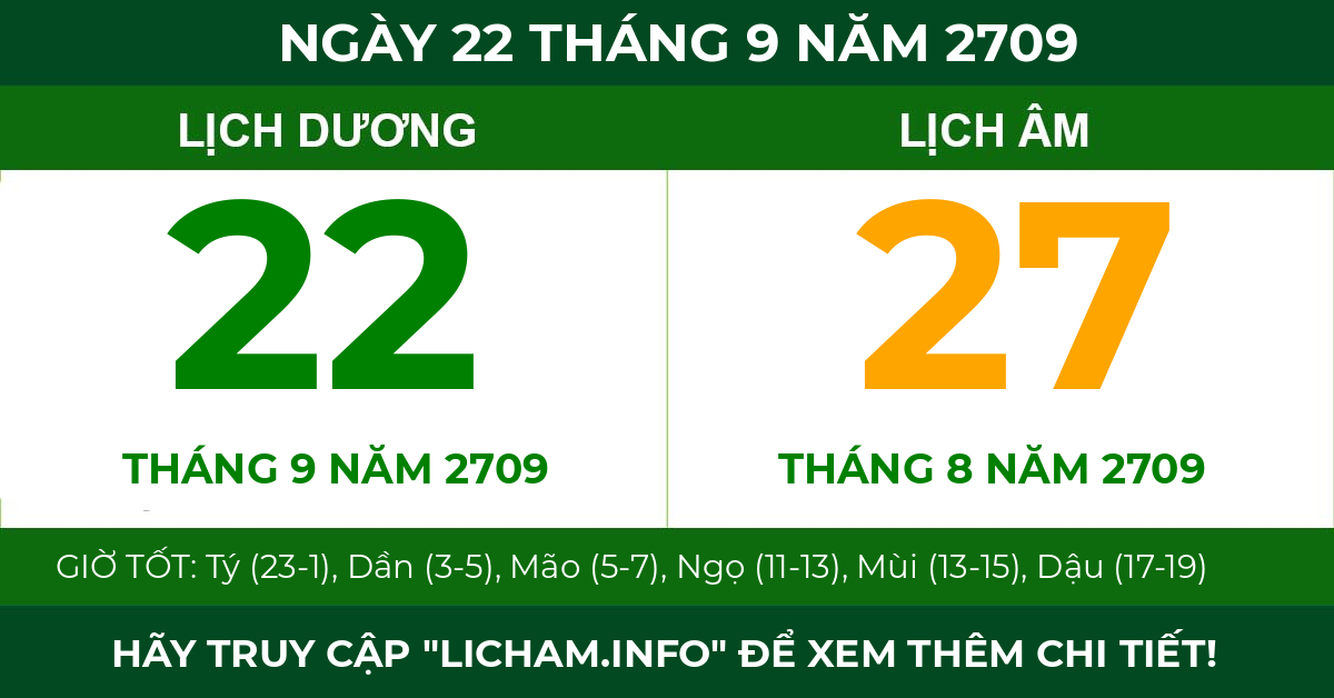 lịch âm ngày 22 tháng 9 năm 2709