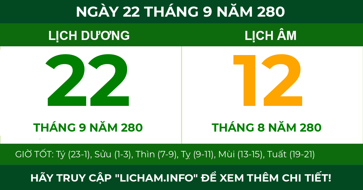 lịch âm ngày 22 tháng 9 năm 280