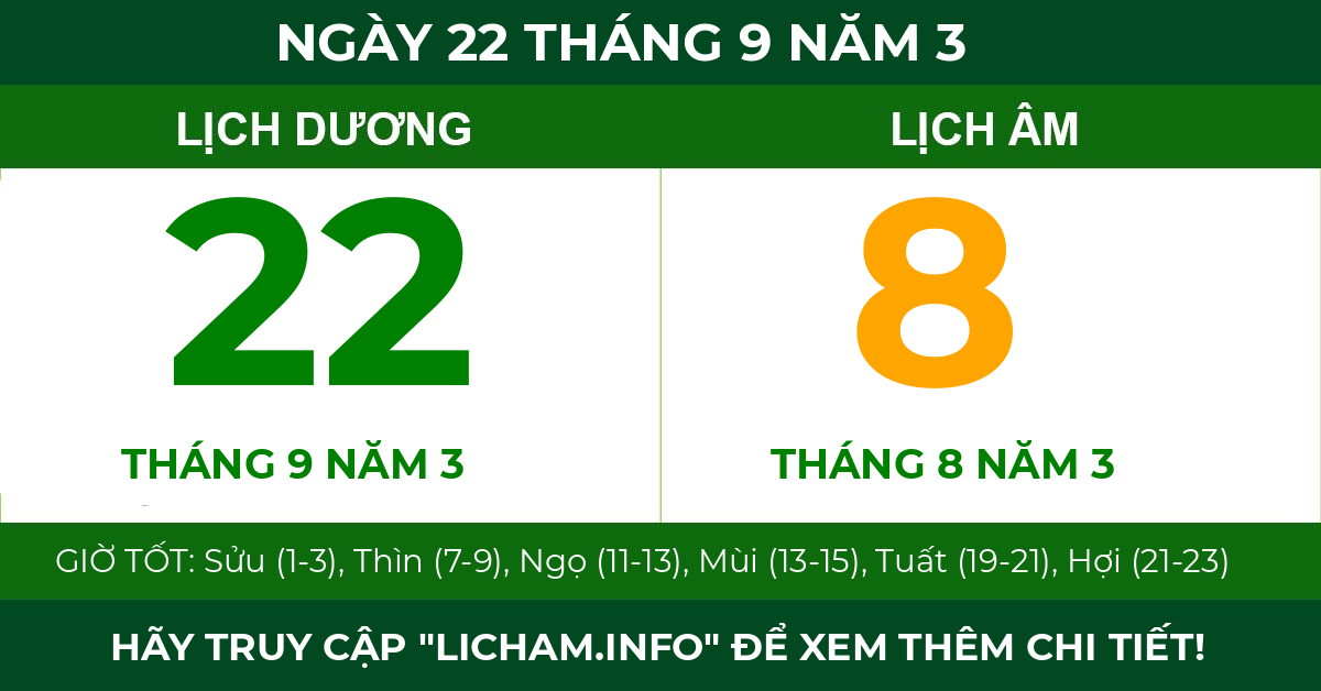 lịch âm ngày 22 tháng 9 năm 3