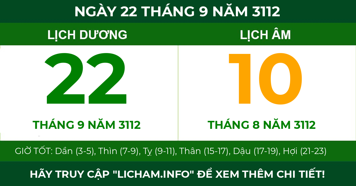 lịch âm ngày 22 tháng 9 năm 3112