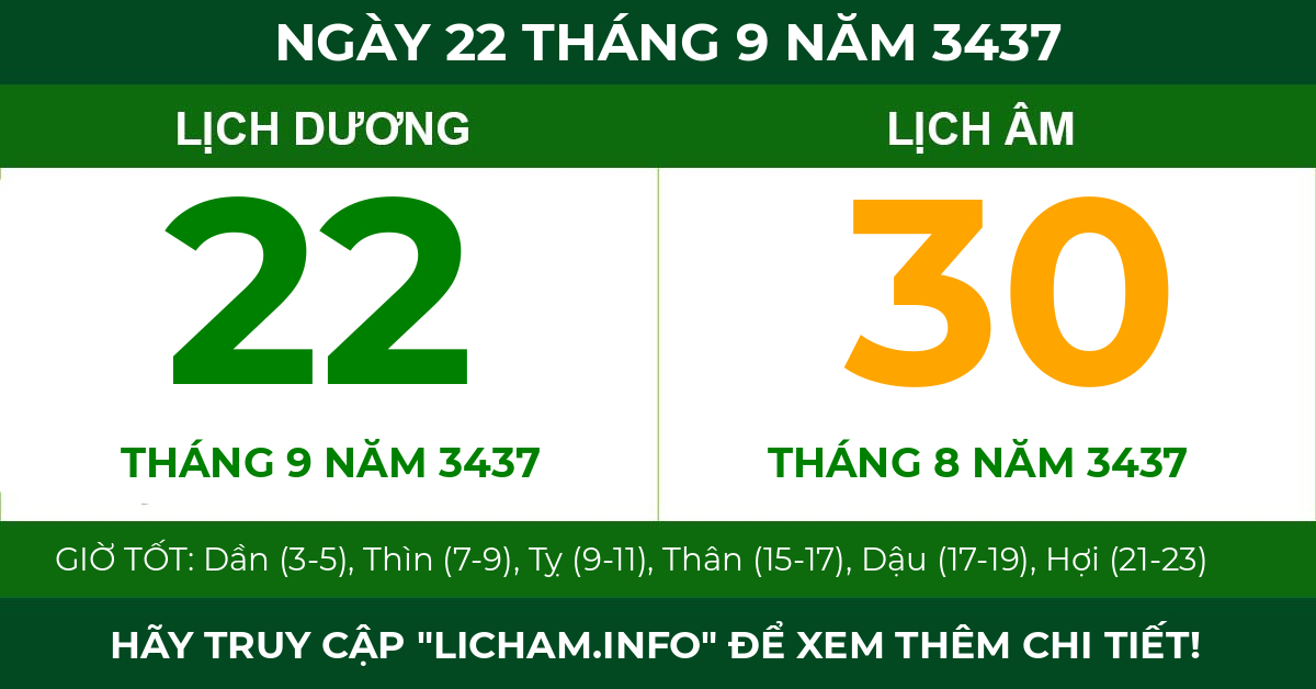 lịch âm ngày 22 tháng 9 năm 3437