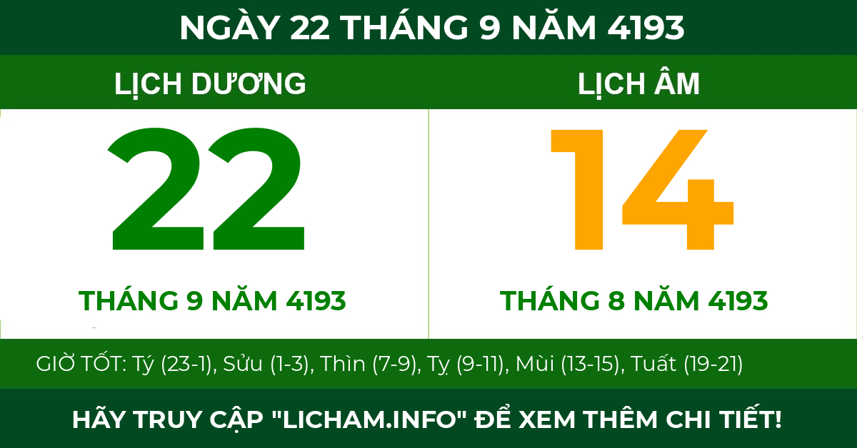 lịch âm ngày 22 tháng 9 năm 4193
