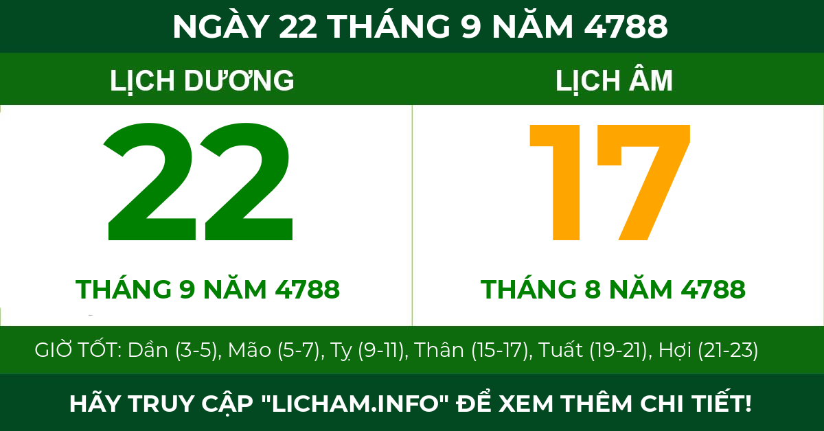 lịch âm ngày 22 tháng 9 năm 4788