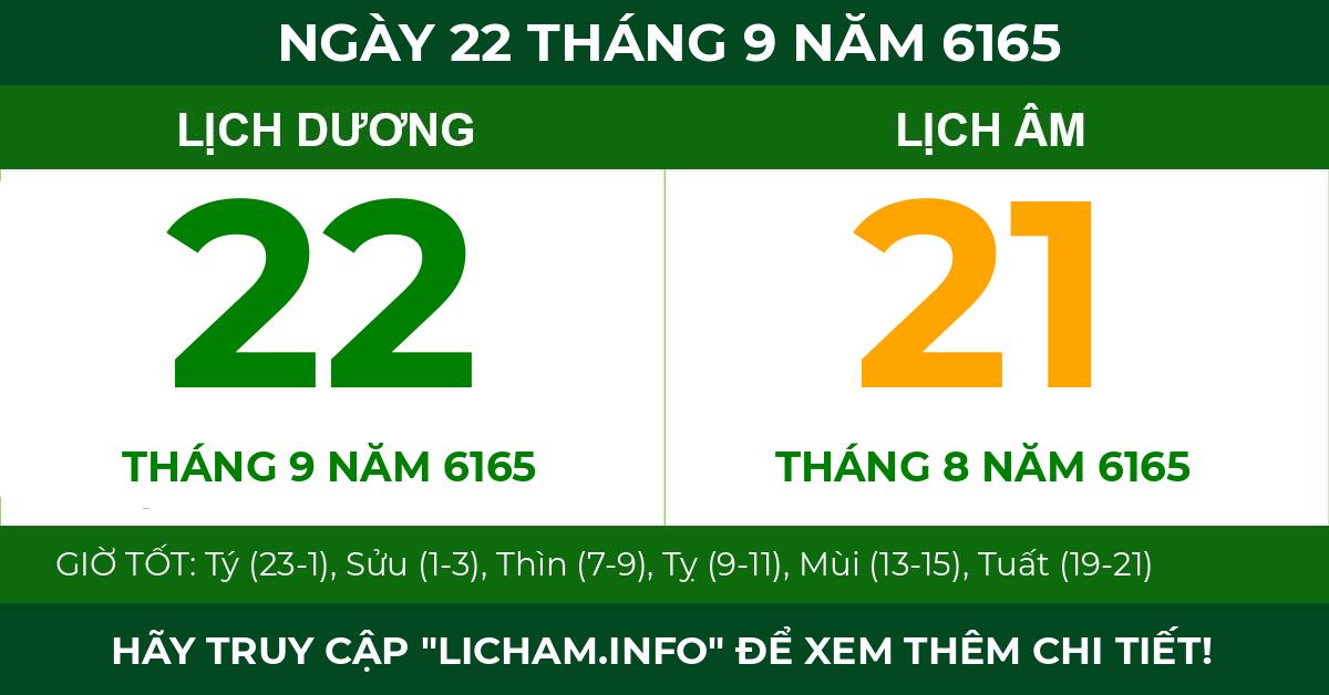 lịch âm ngày 22 tháng 9 năm 6165