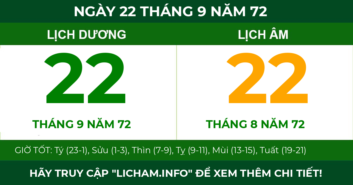 lịch âm ngày 22 tháng 9 năm 72