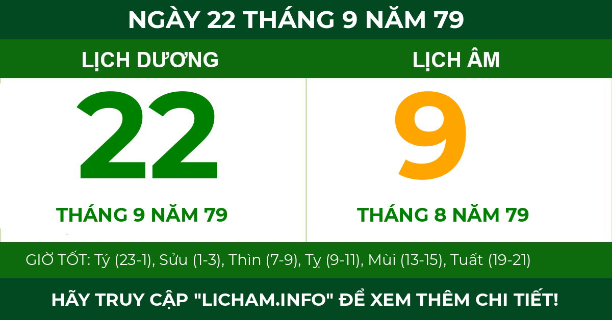 lịch âm ngày 22 tháng 9 năm 79