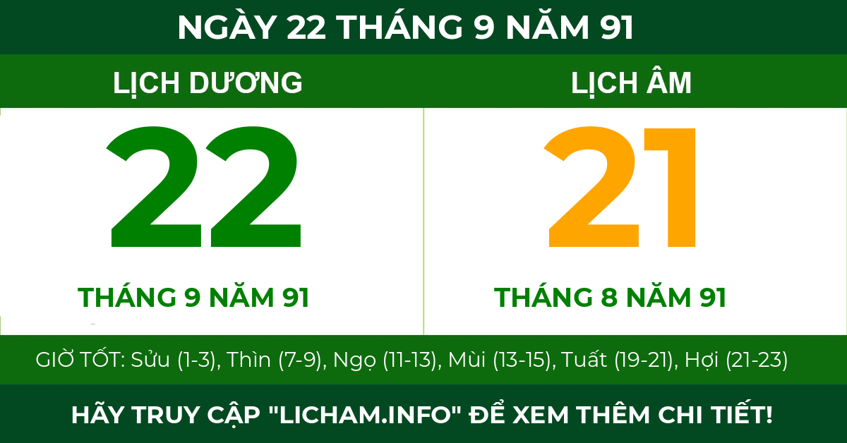 lịch âm ngày 22 tháng 9 năm 91