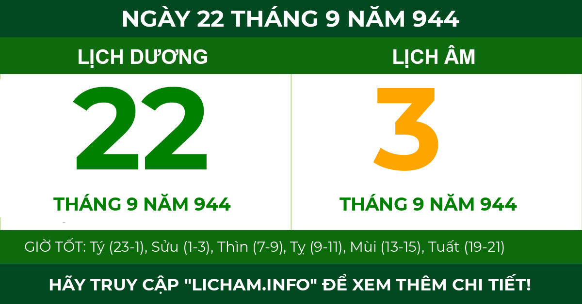 lịch âm ngày 22 tháng 9 năm 944